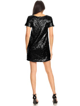 Load image into Gallery viewer, Black Sequin Glitter Short Sleeve V Neck Dress