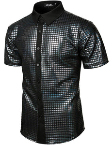 Black Men's Metallic Sequin Shiny Short Sleeve Short