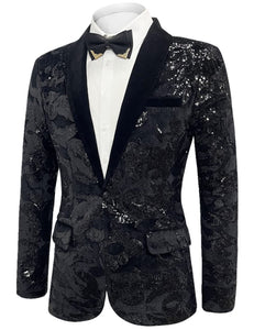 Black Men's Sequin Floral Party Long Sleeve Blazer