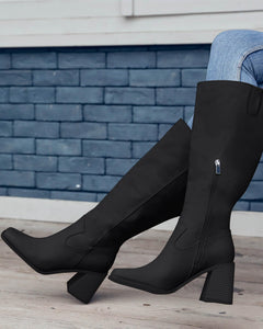 Black Wide Calf Square Heel Knee High Boots