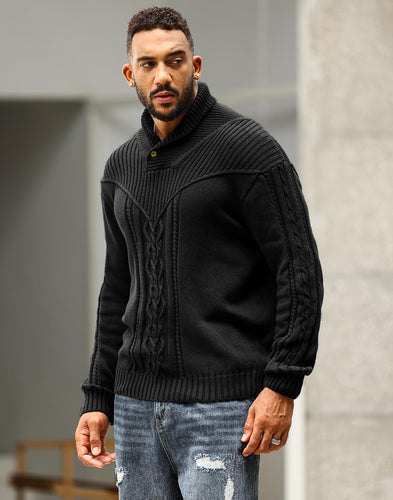 Men's Black Shawl Collar Cable Knit Sweater