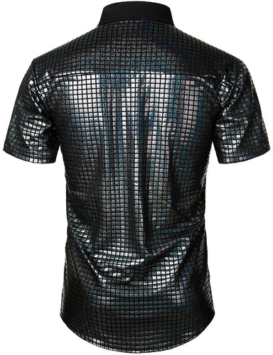 Black Men's Metallic Sequin Shiny Short Sleeve Short