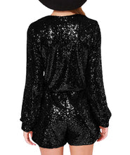 Load image into Gallery viewer, Black Sequin Long Sleeve V Neck Shorts Romper