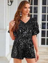 Load image into Gallery viewer, Black Sequin Sparkle Ruffle Sleeve Shorts Romper