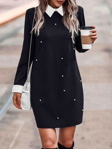 Black Pearl Beaded Long Sleeve Sweater Dress