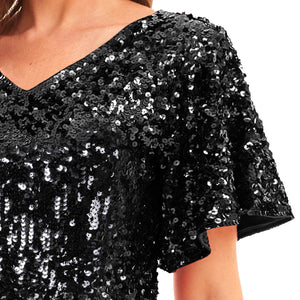 Black Sequin Sparkle Ruffle Sleeve Shorts Romper