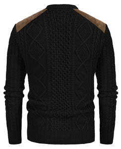 Men's Black Suede Patchwork Cable Knit Sweater