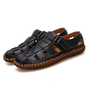 Men's Black Breathable Leather Outdoor Summer Sandals