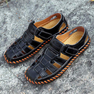 Men's Black Breathable Leather Outdoor Summer Sandals