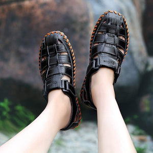 Men's Black Breathable Leather Outdoor Summer Sandals