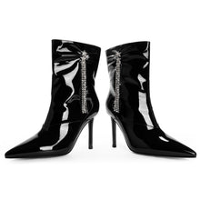 Load image into Gallery viewer, Black Shiny Pointy Toe Ankle Stiletto Boots