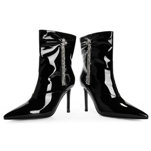 Black Shiny Pointy Toe Ankle Stiletto Boots