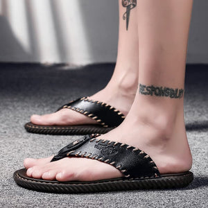 Crafted Black Men's Leather Flip Flop Sandals