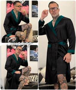 Black Men's Satin Robe & Shorts Sleepwear Set