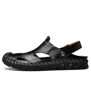 Men's Braided Black Leather Anti-Slip Outdoor Sandals