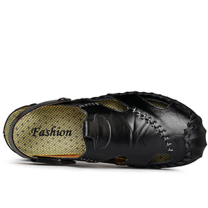 Men's Braided Black Leather Anti-Slip Outdoor Sandals