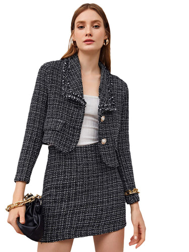 Black Plaid Designer Chic Tweed Blazer Jacket & Skirt Set