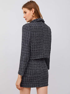 Black Plaid Designer Chic Tweed Blazer Jacket & Skirt Set