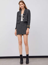 Load image into Gallery viewer, Black Plaid Designer Chic Tweed Blazer Jacket &amp; Skirt Set
