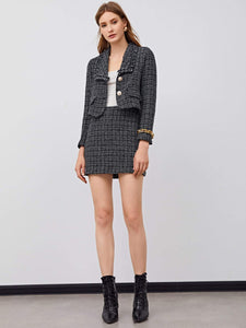 Black Plaid Designer Chic Tweed Blazer Jacket & Skirt Set
