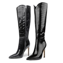 Load image into Gallery viewer, Black Crocodile Knee High Stiletto Faux Leather Boots