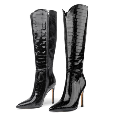 Black Crocodile Knee High Stiletto Faux Leather Boots