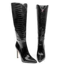 Load image into Gallery viewer, Black Crocodile Knee High Stiletto Faux Leather Boots