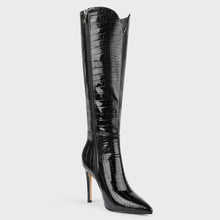 Load image into Gallery viewer, Black Crocodile Knee High Stiletto Faux Leather Boots