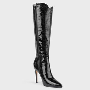 Black Crocodile Knee High Stiletto Faux Leather Boots