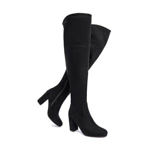 Black Faux Suede Over The Knee Stretch Winter Boots