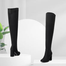 Load image into Gallery viewer, Black Faux Suede Over The Knee Stretch Winter Boots