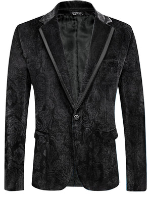 Black Floral Men's Designer Style Velvet Lapel Long Sleeve Blazer