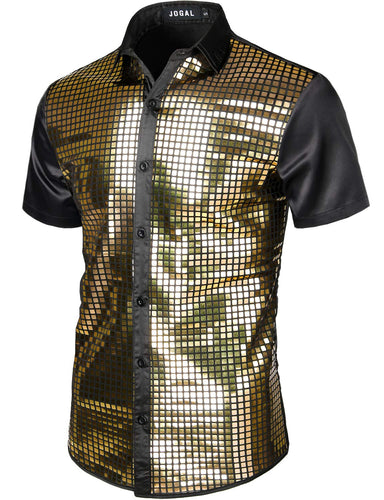 Men's Black/Gold Metallic Sequin Shiny Short Sleeve Shirt