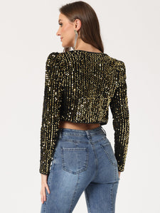 Sparkling Sequin Long Sleeve Cropped Puff Jacket