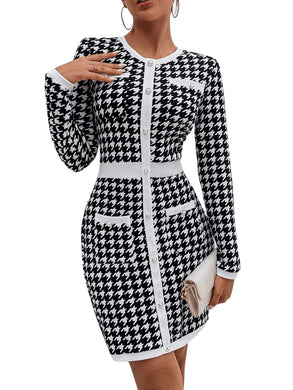 Black Houndstooth Long Sleeve Button Front Mini Dress