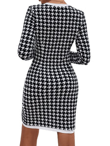 Black Houndstooth Long Sleeve Button Front Mini Dress