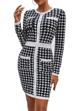 Load image into Gallery viewer, Black Houndstooth Long Sleeve Button Front Mini Dress