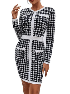 Black Houndstooth Long Sleeve Button Front Mini Dress