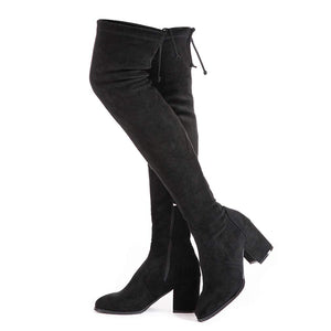 Black Lace Up Thigh High Suede Over The Knee Stretch Boot