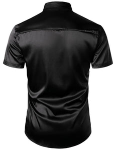 Black Multicolour Men's Metallic Sequin Shiny Short Sleeve Short