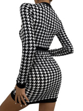 Load image into Gallery viewer, Black Print Houndstooth Long Sleeve Button Front Mini Dress