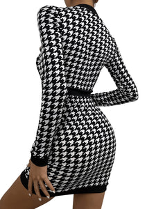 Black Print Houndstooth Long Sleeve Button Front Mini Dress