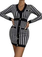 Load image into Gallery viewer, Black Print Houndstooth Long Sleeve Button Front Mini Dress