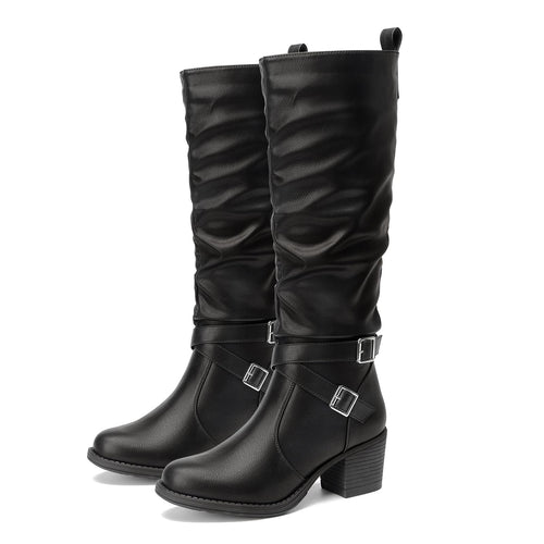 Black Almond Toe Faux Leather Buckle Knee High Boots