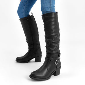 Black Almond Toe Faux Leather Buckle Knee High Boots