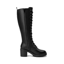 Load image into Gallery viewer, Black Faux Leather Chunky Heel Lace Up Knee High Boots