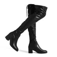 Load image into Gallery viewer, Black Lace Up Faux Leather Stretch Over The Knee Boots