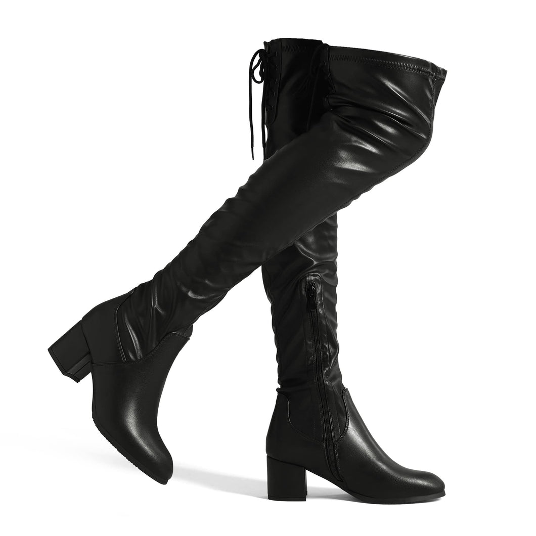 Black Lace Up Faux Leather Stretch Over The Knee Boots