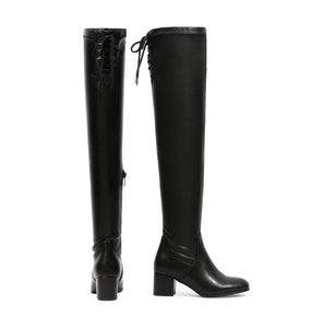 Black Lace Up Faux Leather Stretch Over The Knee Boots