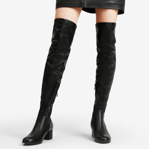 Black Lace Up Faux Leather Stretch Over The Knee Boots